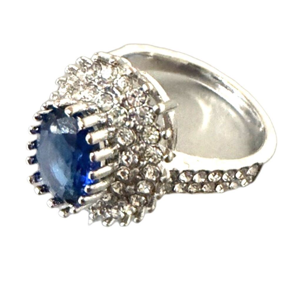 Synthetic Blue Sapphire Halo Ring Silver Tone Oval Crystal Size: 8.5